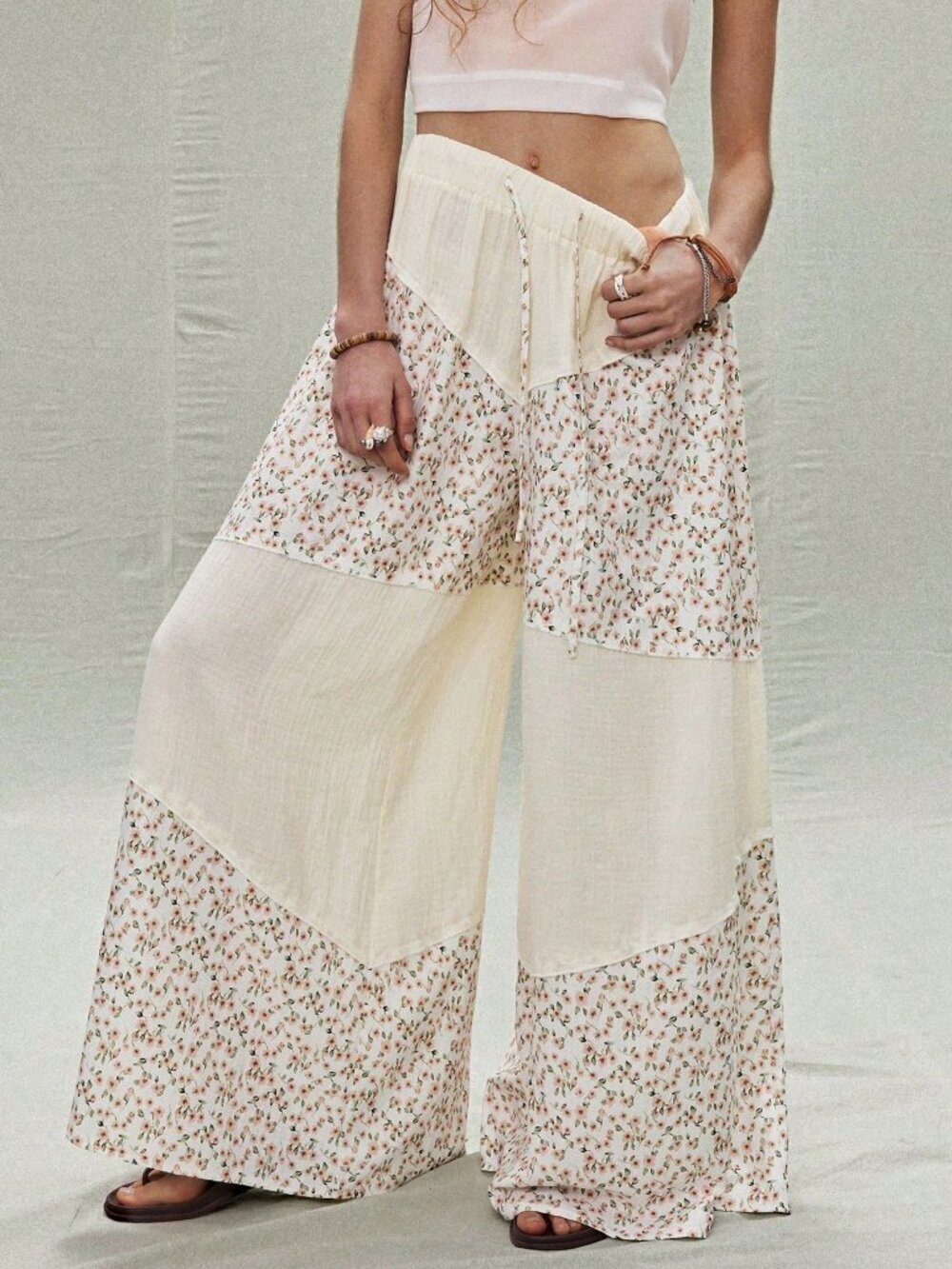 Multicolor Boho Women's Floral Patchwork Elastic Waist Wide-Leg Pants